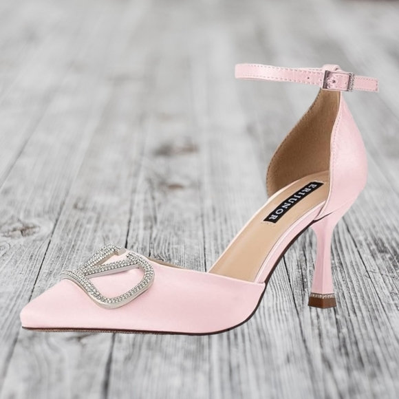 Women's Mid Heel Pumps With Rhinestone Brooch And Ankle Strap Satin, 9 - Picture 1 of 10